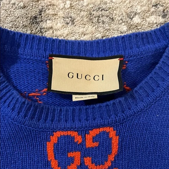 Gucci Royal Blue & Red GG Jacquard Crewneck Sweater - Picture 2 of 7